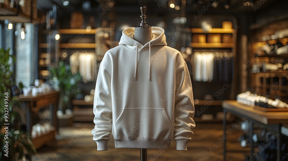 mock up of plain white hoodie in shop displayed on mannequin, mannequin standing in front of clothes rack mock up of plain white hoodie in shop displayed on mannequin, mannequin standing in front of clothes rack