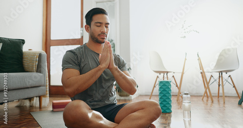 Photography Home, meditation and man with fitness, yoga and chakra with hobby, routine and wellness