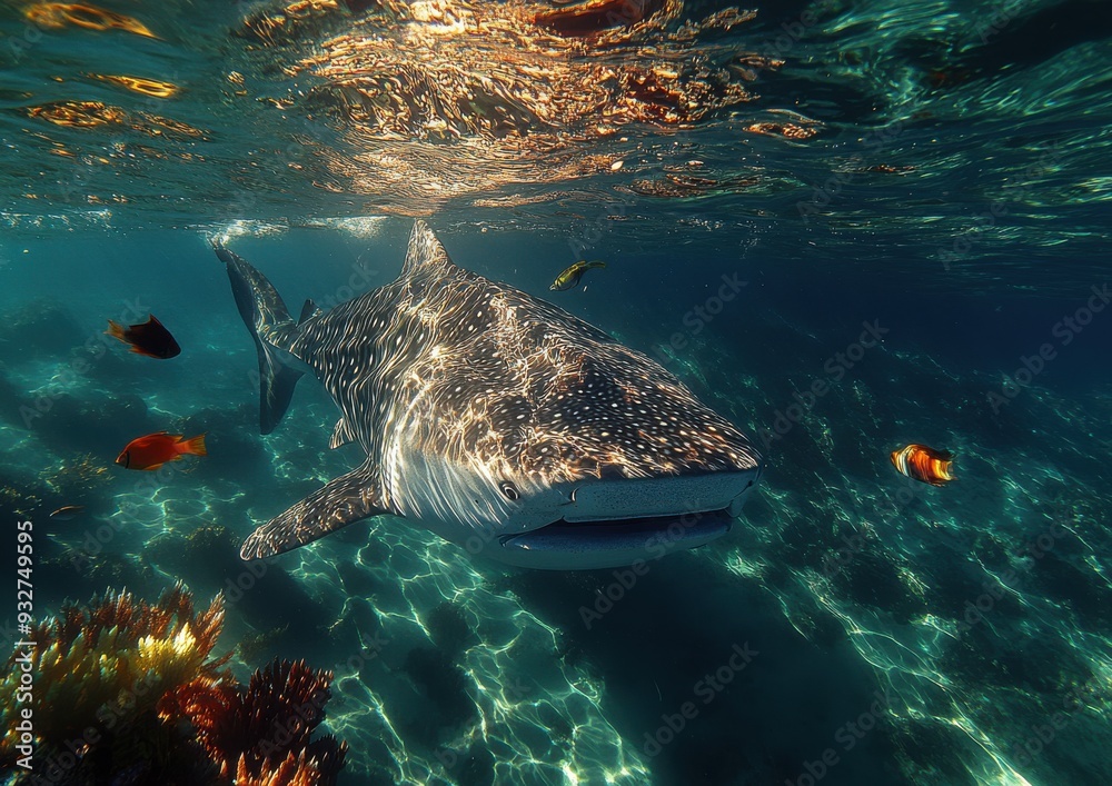 Fototapeta premium Majestic Whale Shark Swimming Underwater Surrounded by Tropical Fish in Vibrant Coral Reef Habitat - Stunning Marine Life Photography