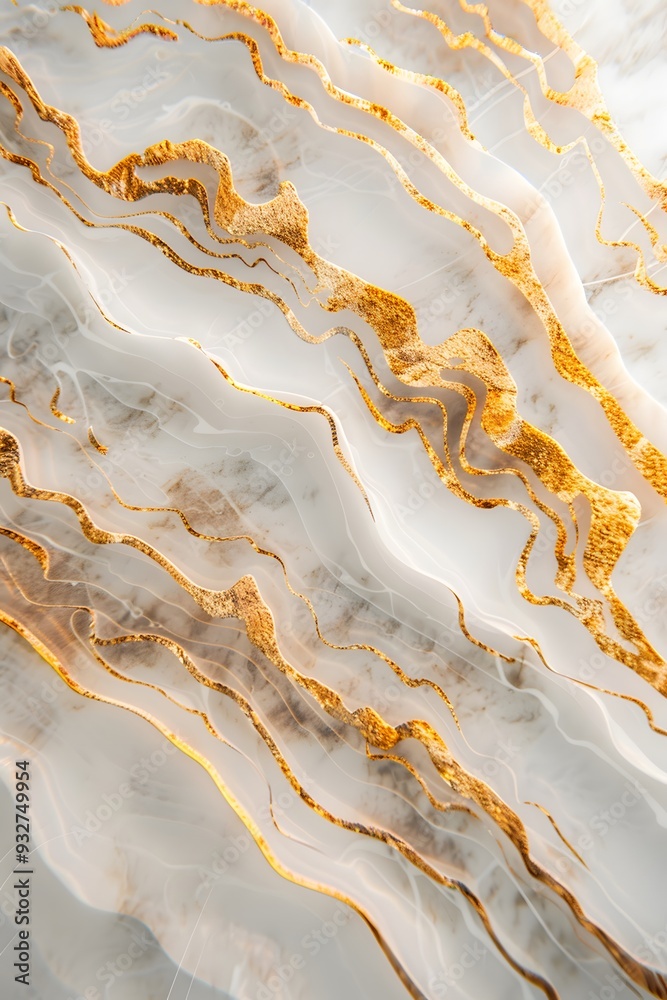 Fototapeta premium Abstract white and gold marble background, with golden waves of liquid flowing on the surface, creating an elegant composition for luxury or design elements. 