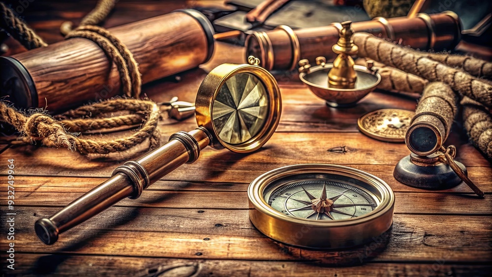 Fototapeta premium Pirate artifacts on captain's desk with vintage compass, magnifying glass, and other accessories