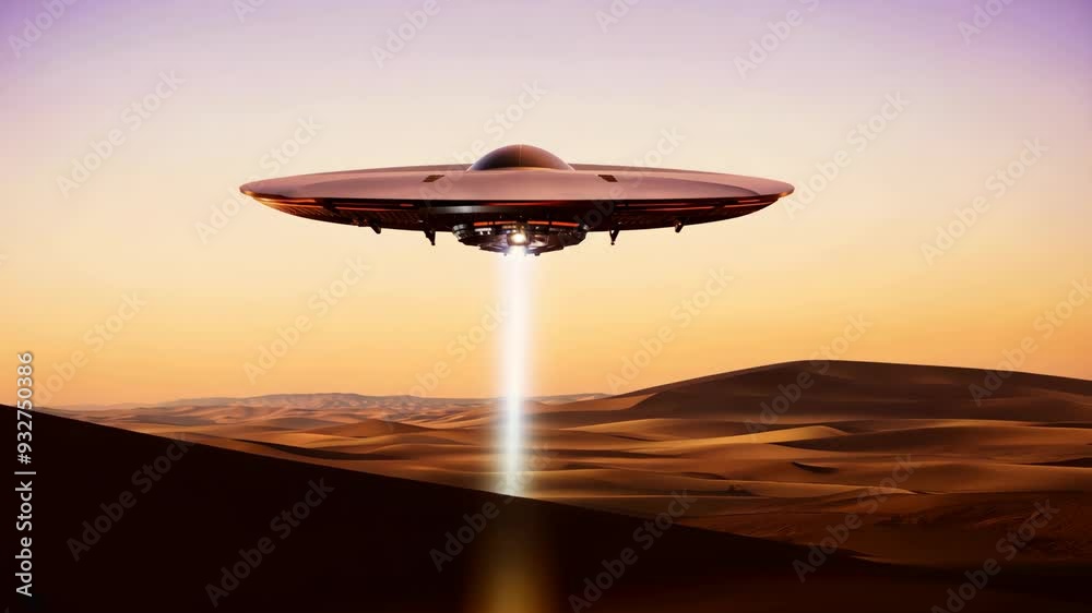UFO hovering above desert dunes at sunset UFO hovering above desert dunes at sunset