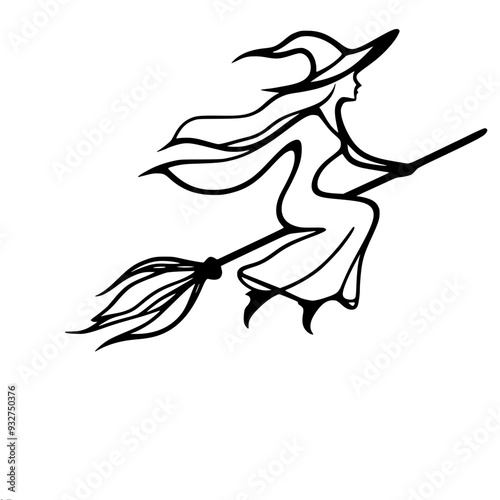 single line vector drawing, witch flying on a broom, Halloween