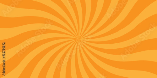 Minimal sunrise radiate striped geometric circus light orange sunburst ray vector backdrop texture background. orange and red retro poster shine spiral template design.	
