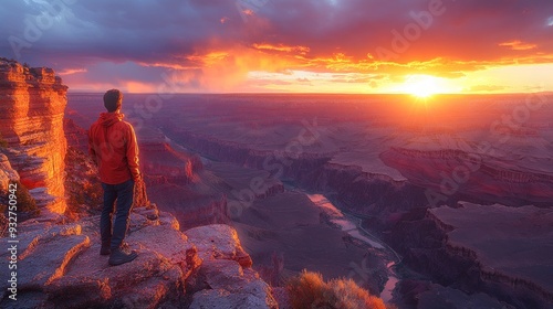 Man Witnessing Breathtaking Sunset Over Grand Canyon