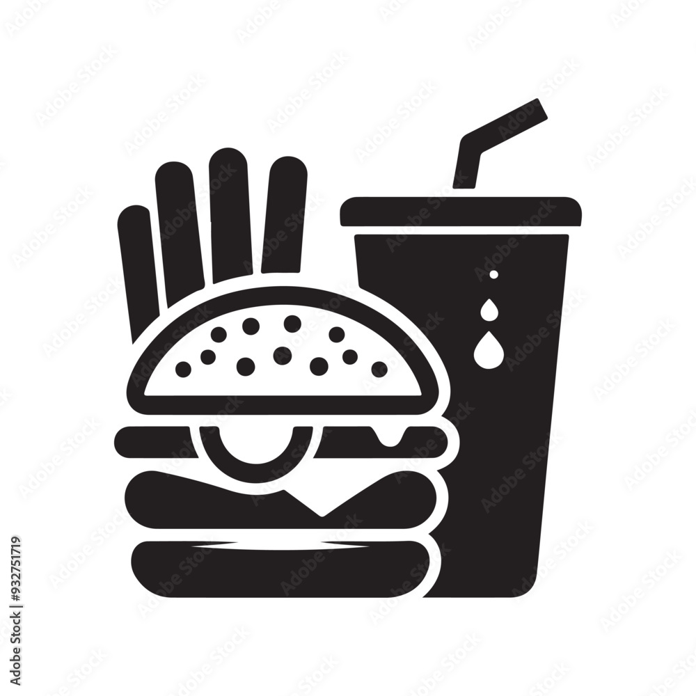 Fast food icon, logo, silhouette, burger, fries, drinks, Symbols and signs of street food, Black Fast Food Icons Fast food icon, logo, silhouette, burger, fries, drinks, Symbols and signs of street food, Black Fast Food Icons