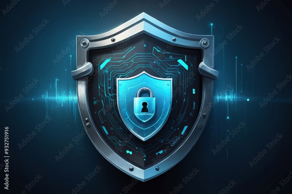 Fototapeta premium Metallic shield with glowing blue lock, depicting digital security