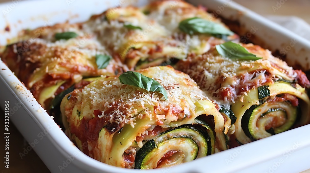 Zucchini lasagna rolls with tomato sauce, cheese and basil leaves in a white baking dish. Zucchini lasagna rolls with tomato sauce, cheese and basil leaves in a white baking dish.