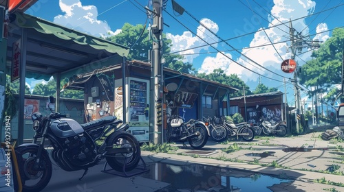 Motorcycles are lined up in a vibrant anime-style parking area surrounded by shops under a bright midday sky
