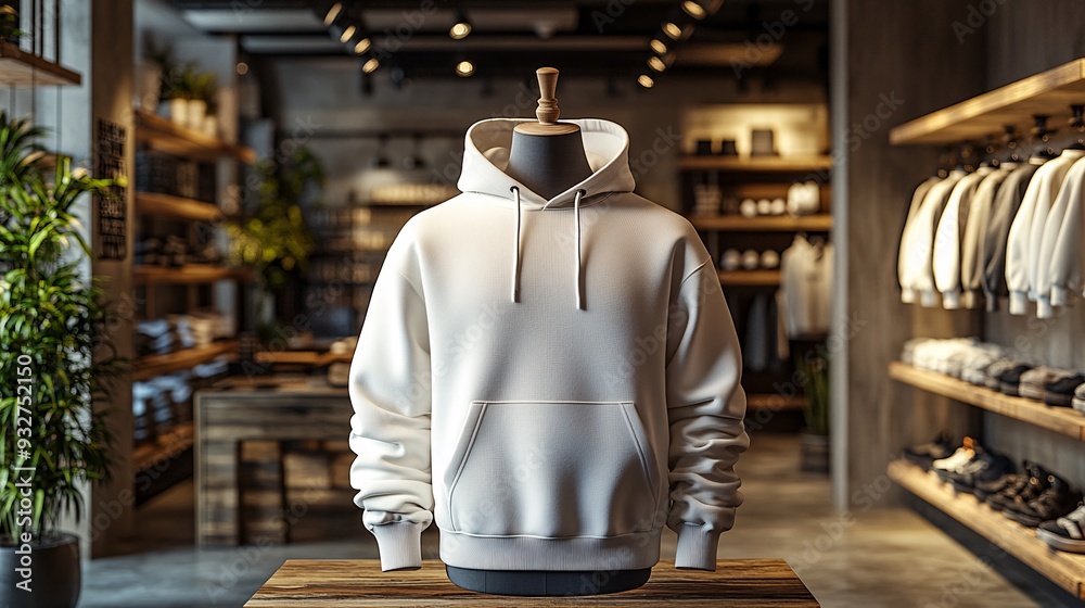 Fototapeta premium mock up of plain white hoodie in shop displayed on mannequin, mannequin standing in front of clothes rack
