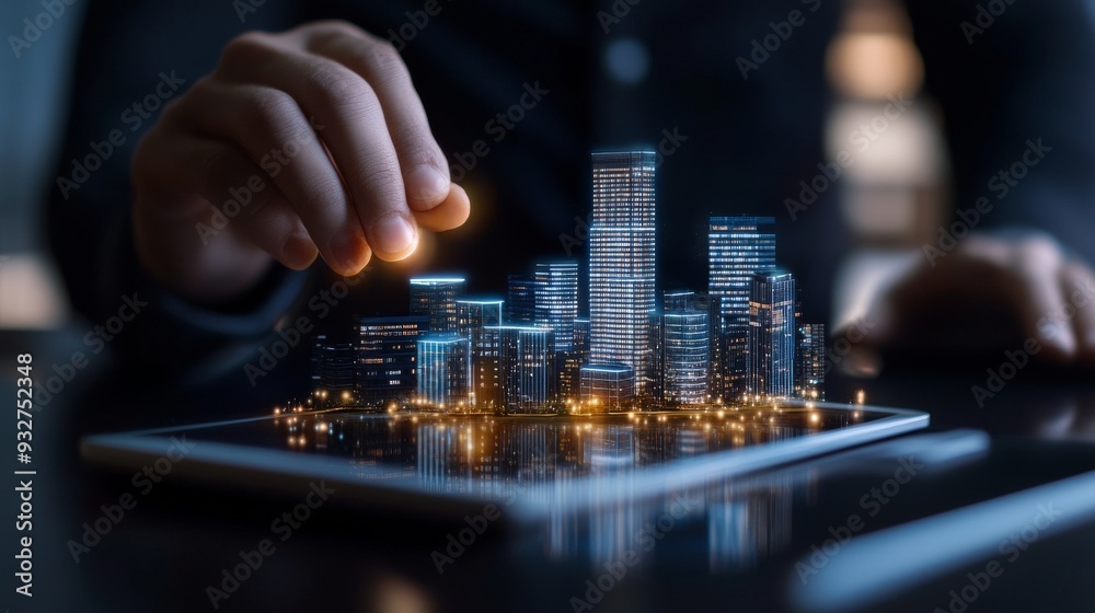 A person's hand is seen interacting with a digital city model on a tablet, showcasing the future of urban planning, smart city concepts, and technological advancements. A person's hand is seen interacting with a digital city model on a tablet, showcasing the future of urban planning, smart city concepts, and technological advancements.