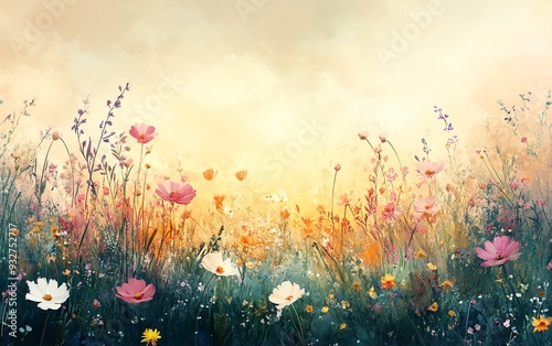 Beautiful field of wildflowers with a soft sunset background photo