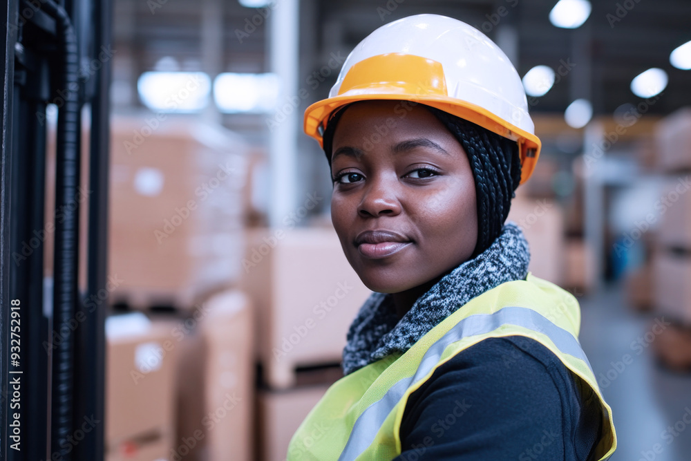 African worker in safety uniform driving forklift at warehouse African worker in safety uniform driving forklift at warehouse