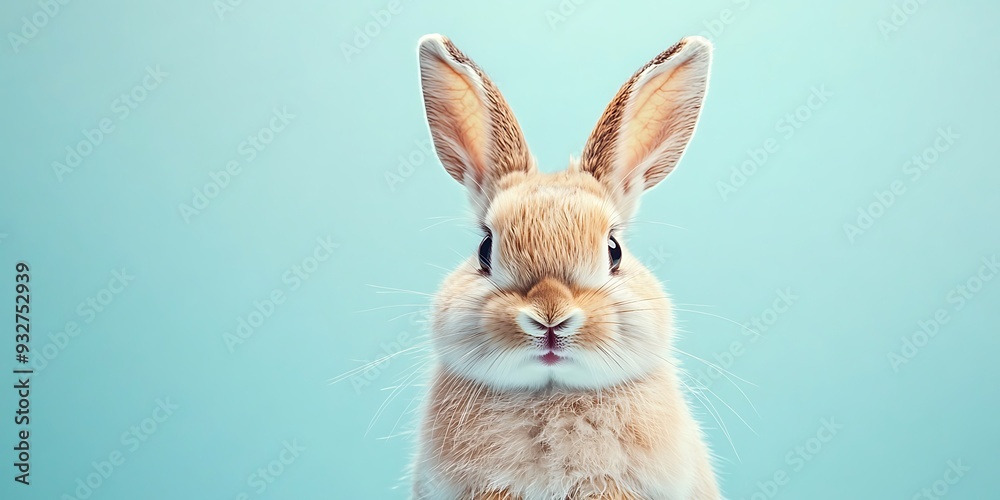 Obraz premium An adorable croffle on a soft blue background, emphasizing its cute features and happy expression. The upper part of the image is clear for text or other additions.
