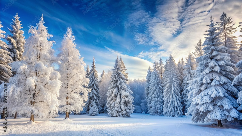 Winter wonderland scene with frost-covered forest trees blanketed in snow