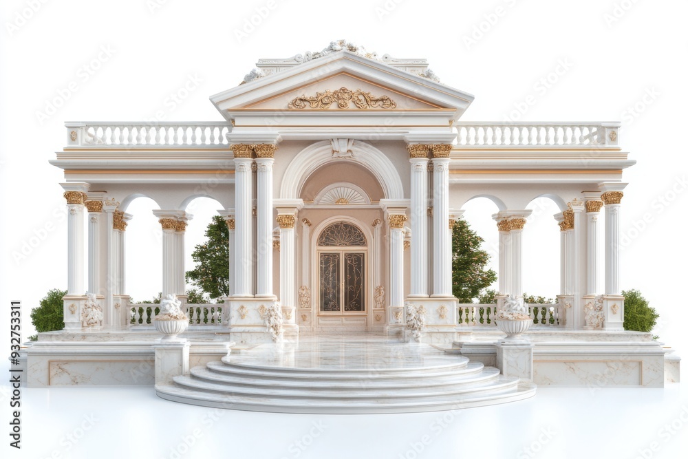 Fototapeta premium Luxurious garden pavilion featuring marble flooring, intricate sculptures, and regal decor, presented in a photorealistic style