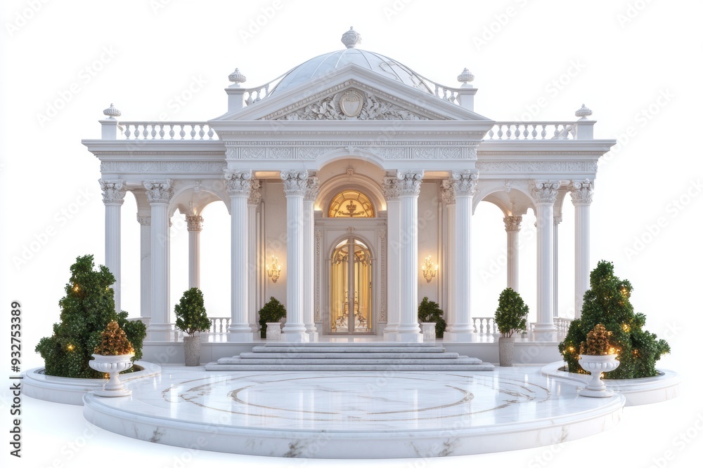 Obraz premium Luxurious garden pavilion featuring marble flooring, intricate sculptures, and regal decor, presented in a photorealistic style
