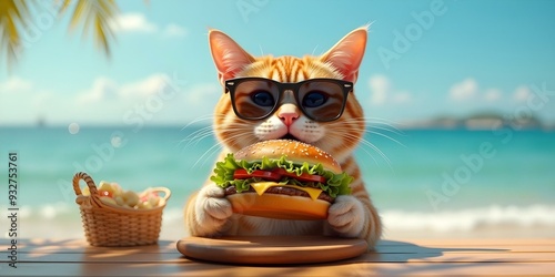 A funny cat wearing sunglasses and eating a burger bun at the beach, creating a humorous and playful scene with a focus on the cat's unique style and the sandy beach setting photo