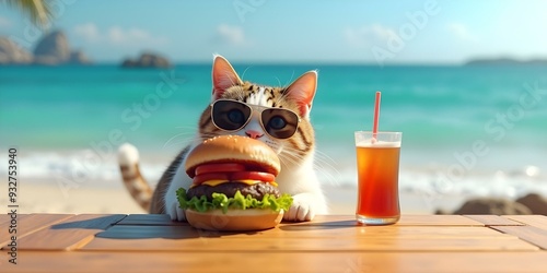 A funny cat eating a burger bun at the beach, creating a whimsical and entertaining scene with a focus on the cat's amusing behavior and the sandy beach setting photo