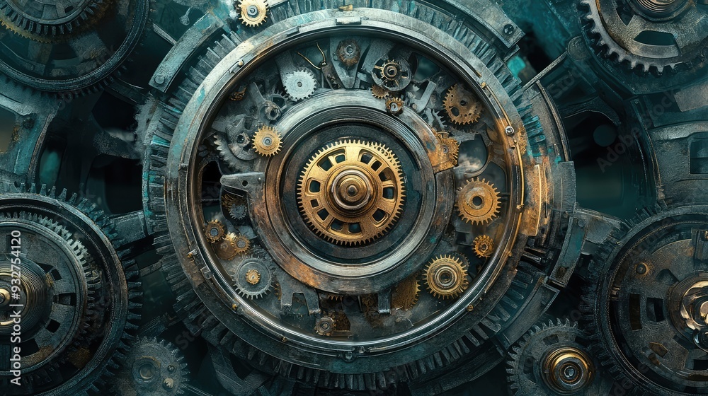 Conceptual illustration of a perpetual motion machine with gears and ...