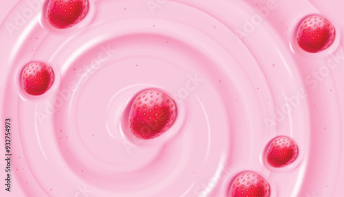Pink yogurt or ice cream surface texture with strawberry and swirl wave pattern. Milk creamy sweet berry soft product. Realistic vector background of summer dessert sorbet or dairy pudding smooth top.