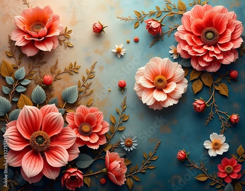 Red and white flower art displayed on a wall, featuring a vibrant and artistic floral design, perfect for decorative and creative interior themes photo