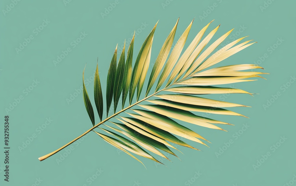 Fototapeta premium Single palm leaf on a blue background.