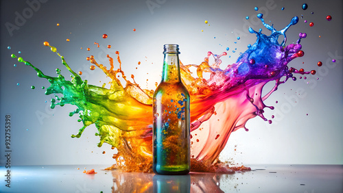 Chromatic Splash. Vibrant Liquid Explosion. A glass bottle takes center stage amidst a rainbow of splashing liquids.