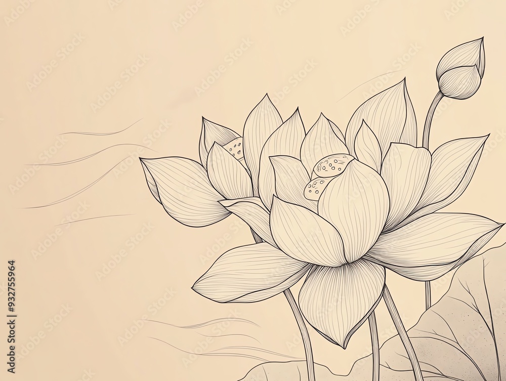 Fototapeta premium Elegant line drawing of a lotus flower on a beige background