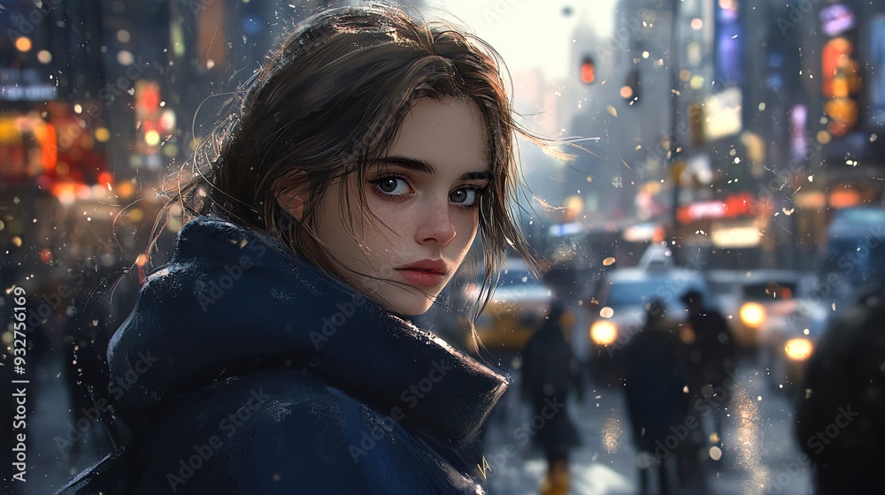Contemplative Solitude: A Thoughtful Girl in a Grey-Blue Coat Amidst the City Bustle - Perfect for Urban-Themed Decor or an Inspiring Sports Interior Poster Contemplative Solitude: A Thoughtful Girl in a Grey-Blue Coat Amidst the City Bustle - Perfect for Urban-Themed Decor or an Inspiring Sports Interior Poster