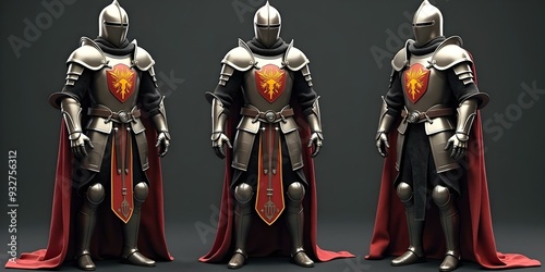 A medieval knight costume showcased with a promotional poster and branding, featuring detailed design elements and presented as a mockup for marketing and advertising photo