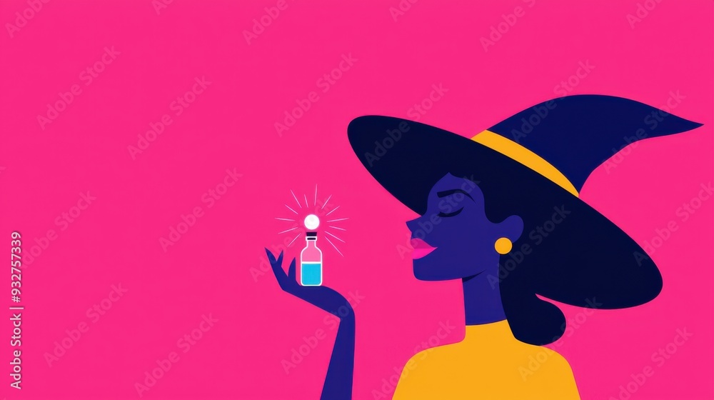 A stylish witch holds a potion bottle, radiating magic against a vibrant pink background, perfect for Halloween themes. A stylish witch holds a potion bottle, radiating magic against a vibrant pink background, perfect for Halloween themes.