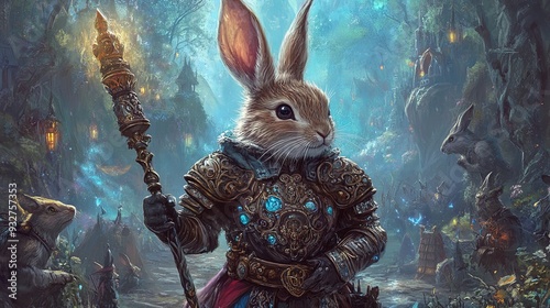 Epic Rabbit Knight: A Heroic Defender in Enchanted Armor, Ready to Protect the Village – Perfect for a Vibrant Sports Interior Poster! photo