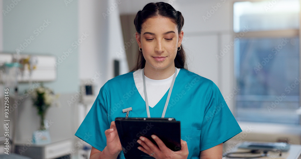 Woman, nurse and smile with tablet at hospital for patient results, feedback and report with ehealth. Female person, employee and happy on clinic website for medical information, database and health Woman, nurse and smile with tablet at hospital for patient results, feedback and report with ehealth. Female person, employee and happy on clinic website for medical information, database and health