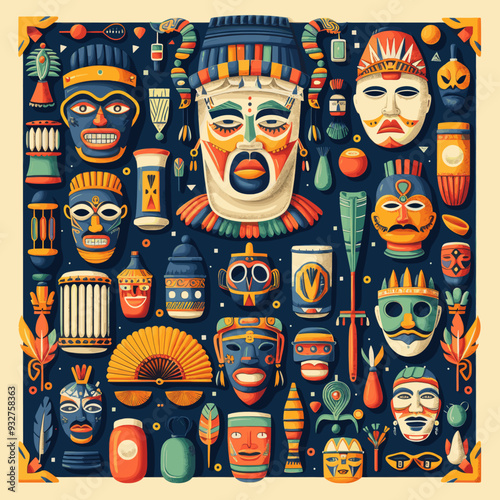 Colorful tribal masks and traditional African art in a vibrant pattern featuring detailed cultural designs, feathers, and symbols