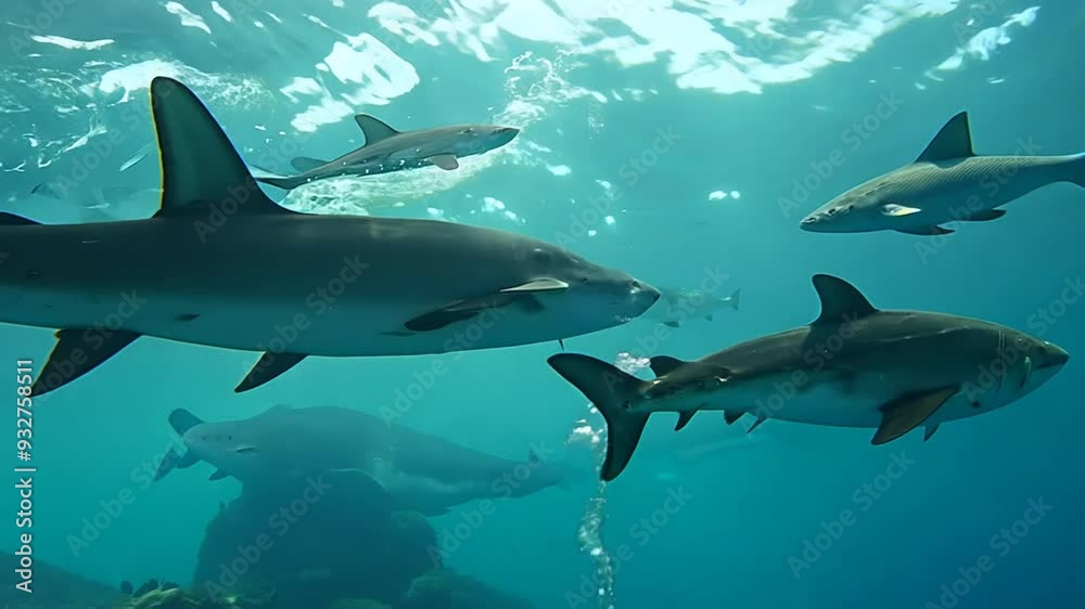 Sharks swimming gracefully in clear ocean waters near a coral reef in the early afternoon