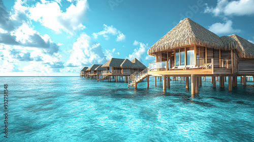 Wide-angle view of a luxurious overwater bungalow in Bora Bora