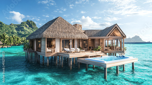Wide-angle view of a luxurious overwater bungalow in Bora Bora