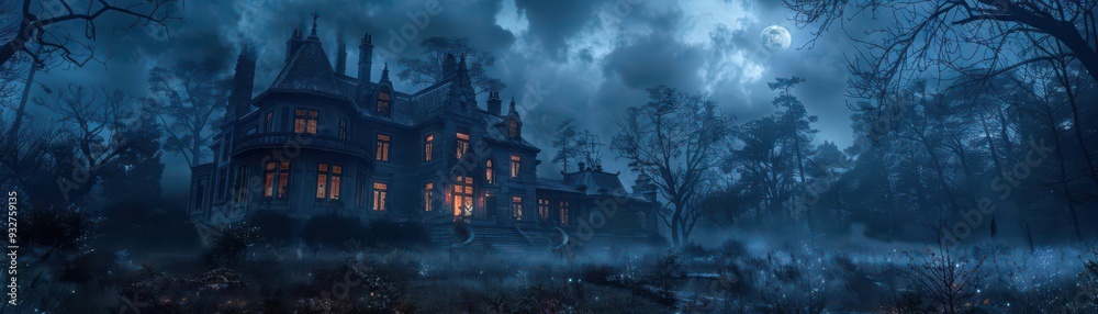 Spooky haunted mansion at night with glowing windows, eerie atmosphere, dark cloudy sky, and mysterious forest surroundings. Spooky haunted mansion at night with glowing windows, eerie atmosphere, dark cloudy sky, and mysterious forest surroundings.