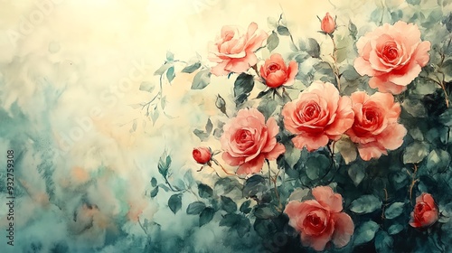 Watercolor painting of pink roses in bloom.