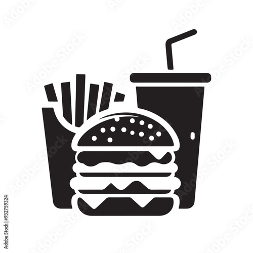 Fast food simple and clean icon, logo, silhouette, burger, fries, drinks, Symbols and signs of street food, Black Fast Food Icons