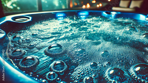 blue transparent water with air bubbles in a luxurious hot tub or jacuzzi.