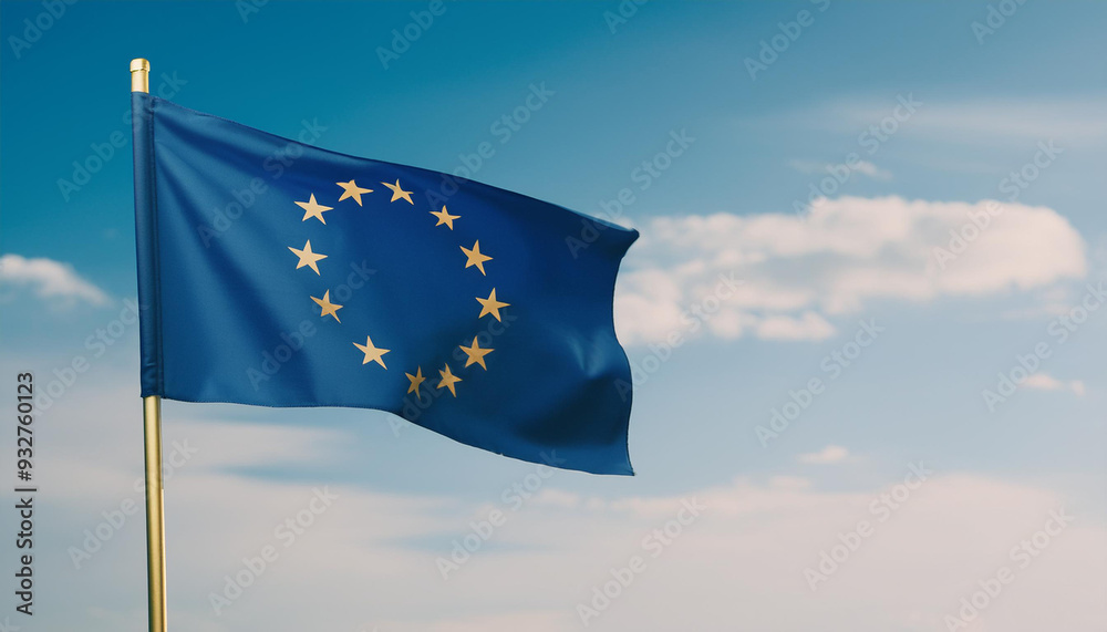 european union flag waving on blue sky