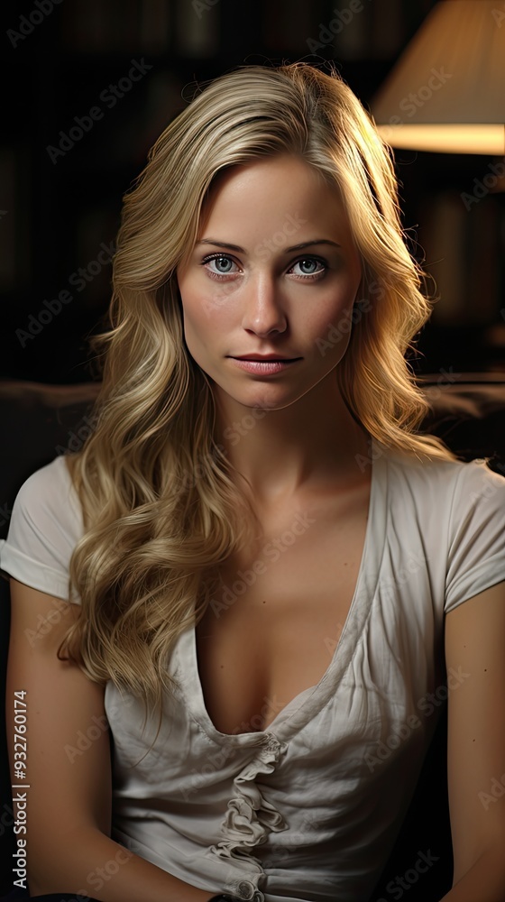 Head shot of happy beautiful woman sits on sofa staring at camera pose alone at modern home.  