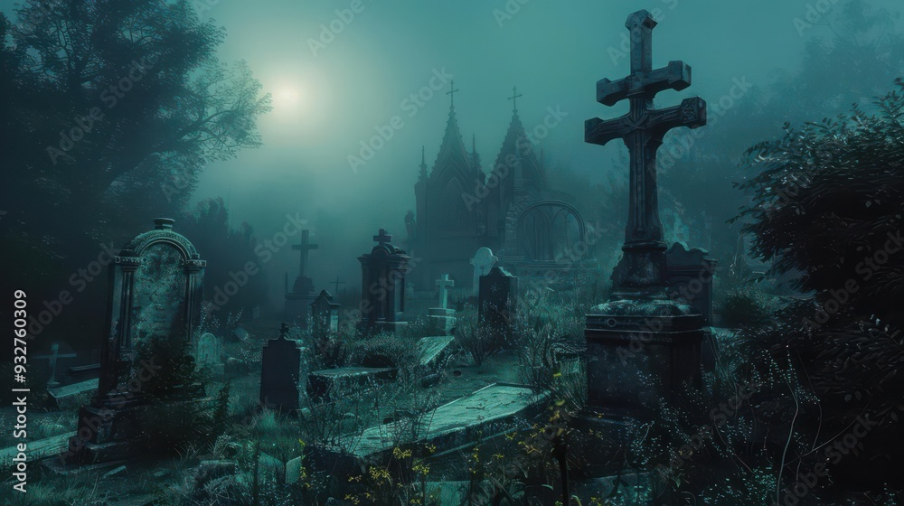 Eerie, foggy graveyard at night with illuminated moon and ancient tombstones creating a spooky, mysterious atmosphere. Eerie, foggy graveyard at night with illuminated moon and ancient tombstones creating a spooky, mysterious atmosphere.