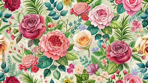 Beautiful botanical floral seamless pattern featuring roses, herbs, and leaves on a background of colorful flowers