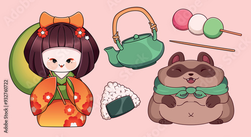 Japanese daruma toys set isolated on background. Contemporary vector cartoon illustration of geisha doll, fat hamster, kettle for traditional tea ceremony, asian cuisine snacks on stick, rice cracker
