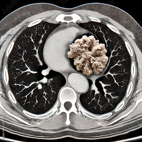 CT scan human lung showcasing a small, early-stage tumor in the upper lobe. focus the tumor with enhanced contrast, making it easily identifiable against the surrounding lung tissue, cancer. photo