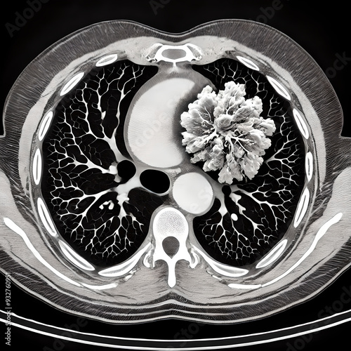 CT scan human lung showcasing a small, early-stage tumor in the upper lobe. focus the tumor with enhanced contrast, making it easily identifiable against the surrounding lung tissue, cancer. photo