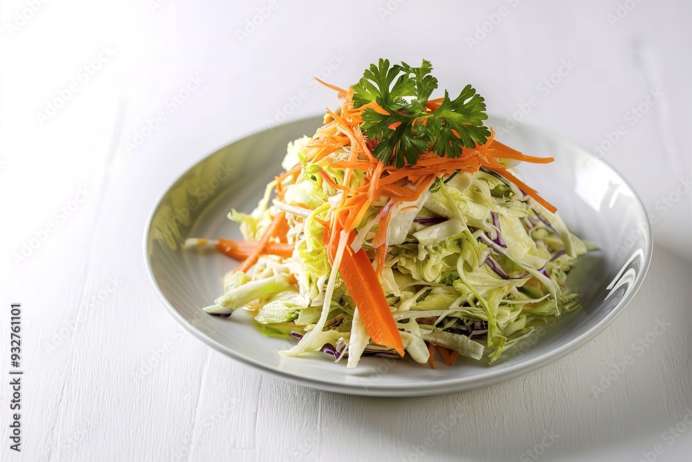 A plate of coleslaw salad with crunchy shredded cabbage and vibrant orange carrots A plate of coleslaw salad with crunchy shredded cabbage and vibrant orange carrots
